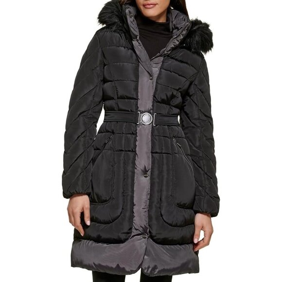 Guess Black Midweight Belted Puffer Jacket With Removable Fur Trim Size M - Picture 1 of 14